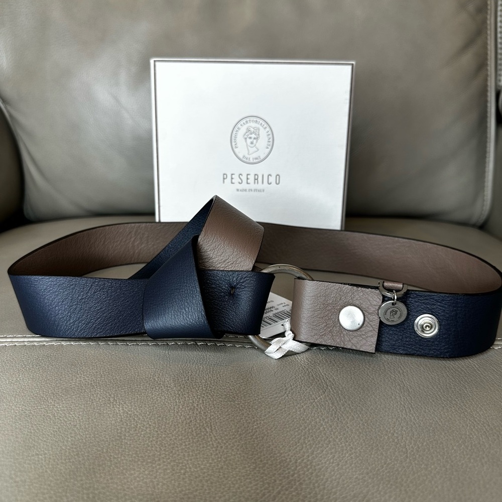 Peserico Men's Navy and Taupe Leather Belt